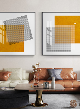现代轻奢抽象客厅装饰画爱马橙色北欧餐厅美式玄关双联正方形挂画