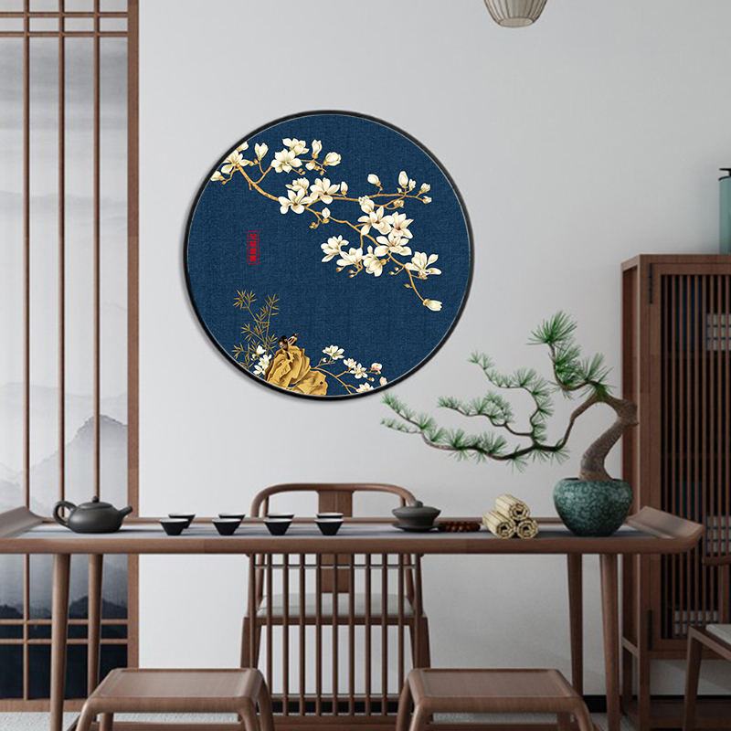 玉兰花挂画餐厅实木圆形框国淡雅蓝色现代新中式客厅装饰画画书房图片