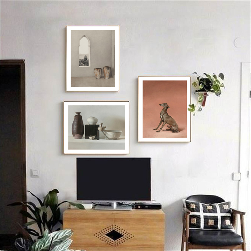 文艺复古花瓶狗静物建筑油画装饰画北欧小众怀旧艺术客厅挂画图片