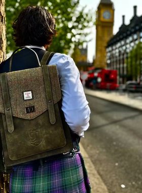 英国Islander正品Harris Tweed®羊毛格纹拼色双肩背包电脑包