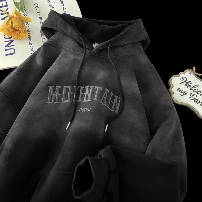 黑色水洗做旧渐变卫衣重磅刺绣