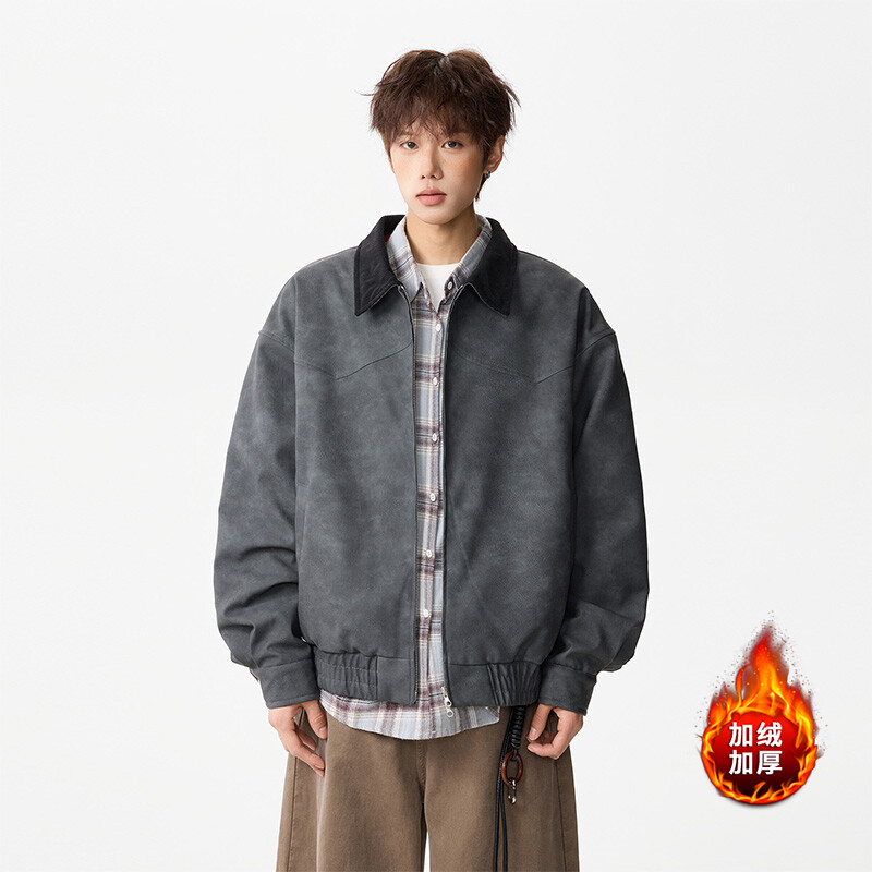 美式复古扎染PU皮翻领棉衣外套潮