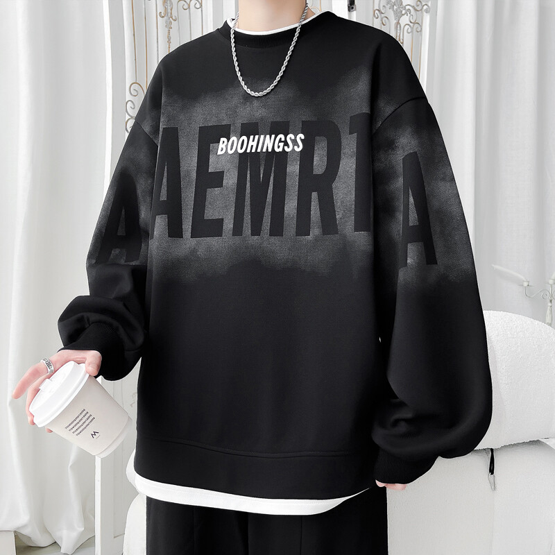 美式假两件卫衣高街嘻哈圆领上衣