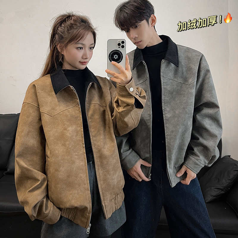 美式复古扎染PU皮棉衣外套男女冬季潮牌加绒加厚宽松保暖情侣棉服