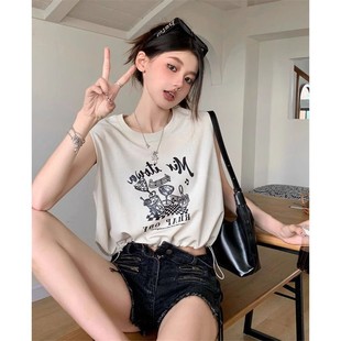 抽绳背心上衣 美式 复古辣妹正肩无袖 T恤女夏季 小个子宽松显瘦短款