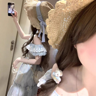 学院风蕾丝拼接蓬蓬裙女夏季新款小个子穿搭蝴蝶结短款碎花连衣裙