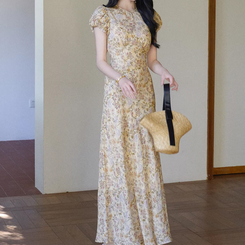 现货 花的档案&rdquo;天丝亚麻碎花连衣裙法式修身长裙新款小个子收腰
