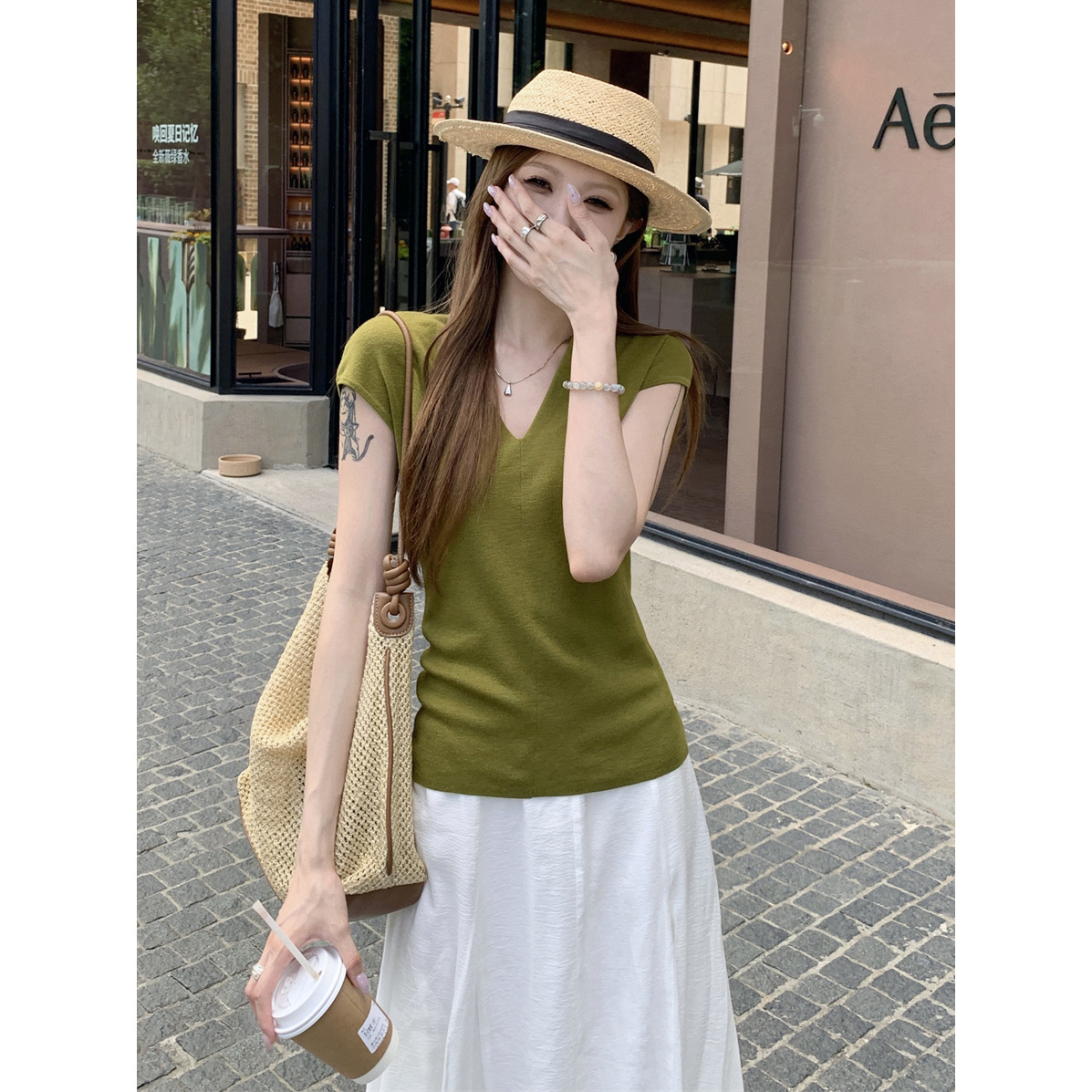 小飞袖冰丝针织衫上衣女夏季修身显瘦v领感打底t恤气质短袖潮