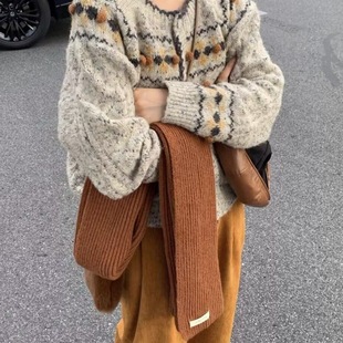 长袖 跨境费尔岛毛衣外套女秋冬浣熊绒慵懒风加厚软糯外穿短款