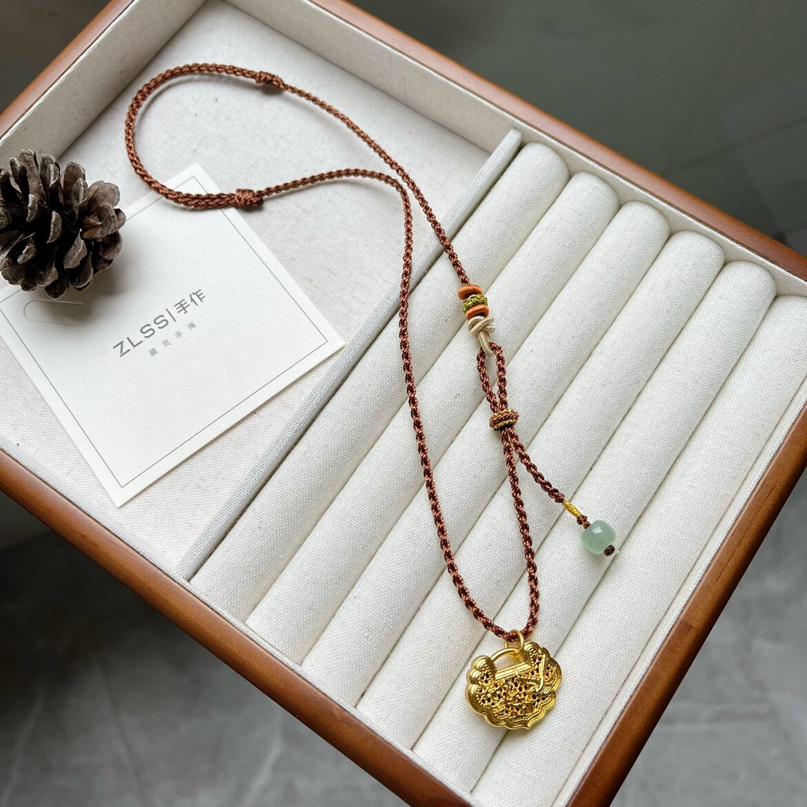 原创手编黄金锁吊坠半成品绳项链绳女高级色百搭新中式可直接穿