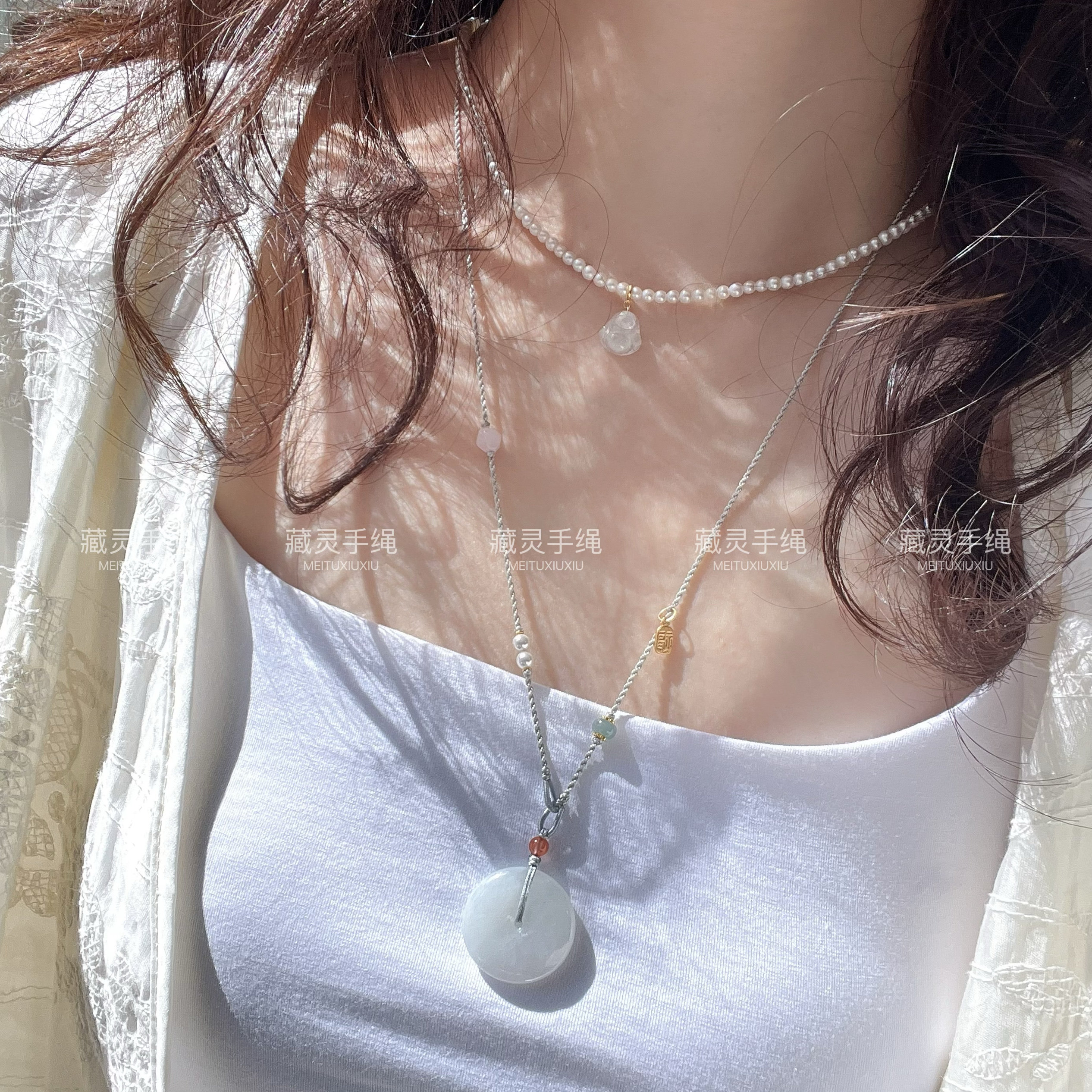 原创新中式清冷感女细项链可调节百搭可挂翡翠平安扣佛水晶吊坠