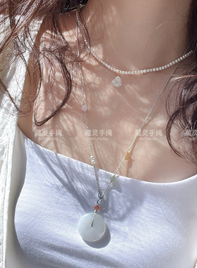 原创新中式清冷感女细项链可调节百搭可挂翡翠平安扣佛水晶吊坠