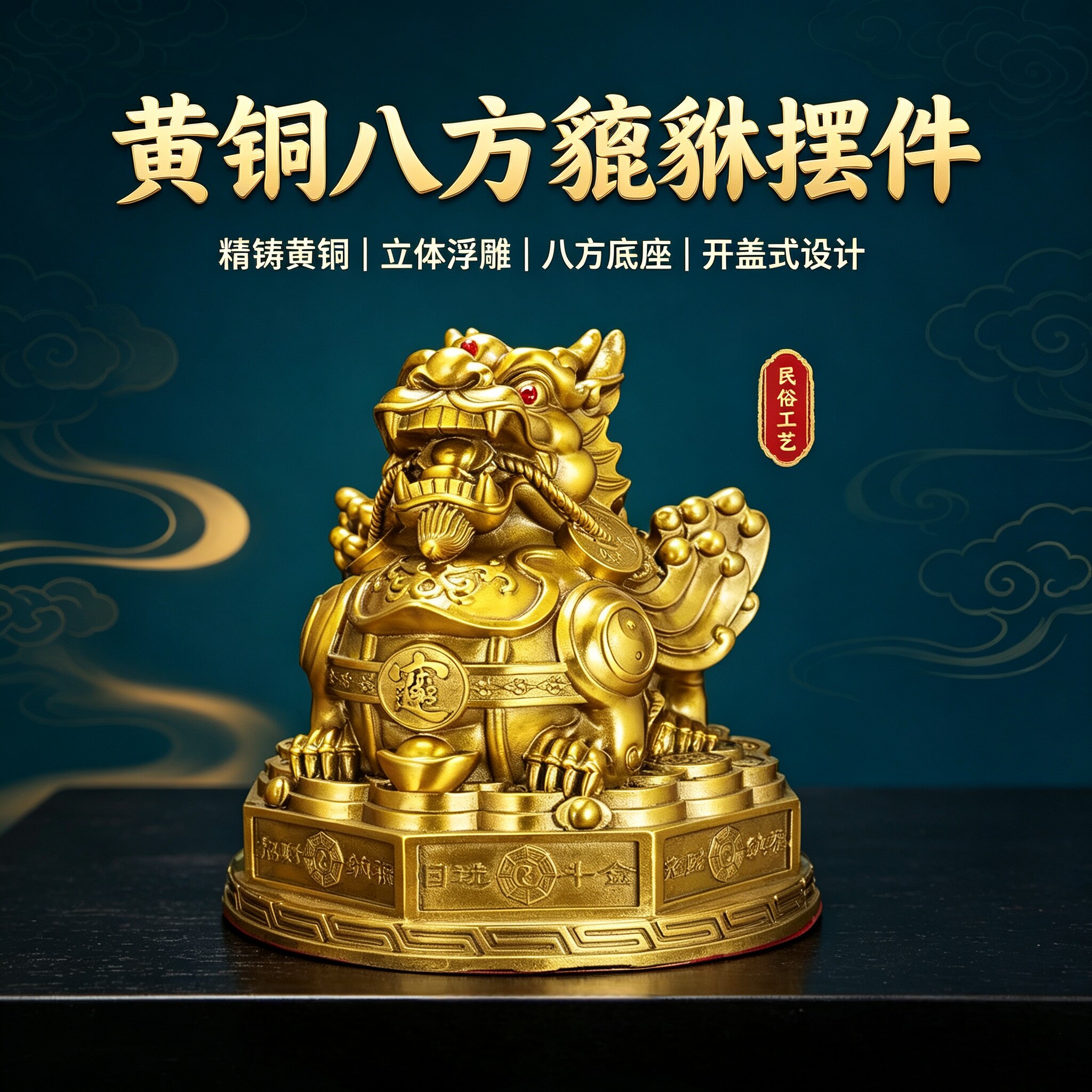 铜八卦独角貔貅八方来财摆件