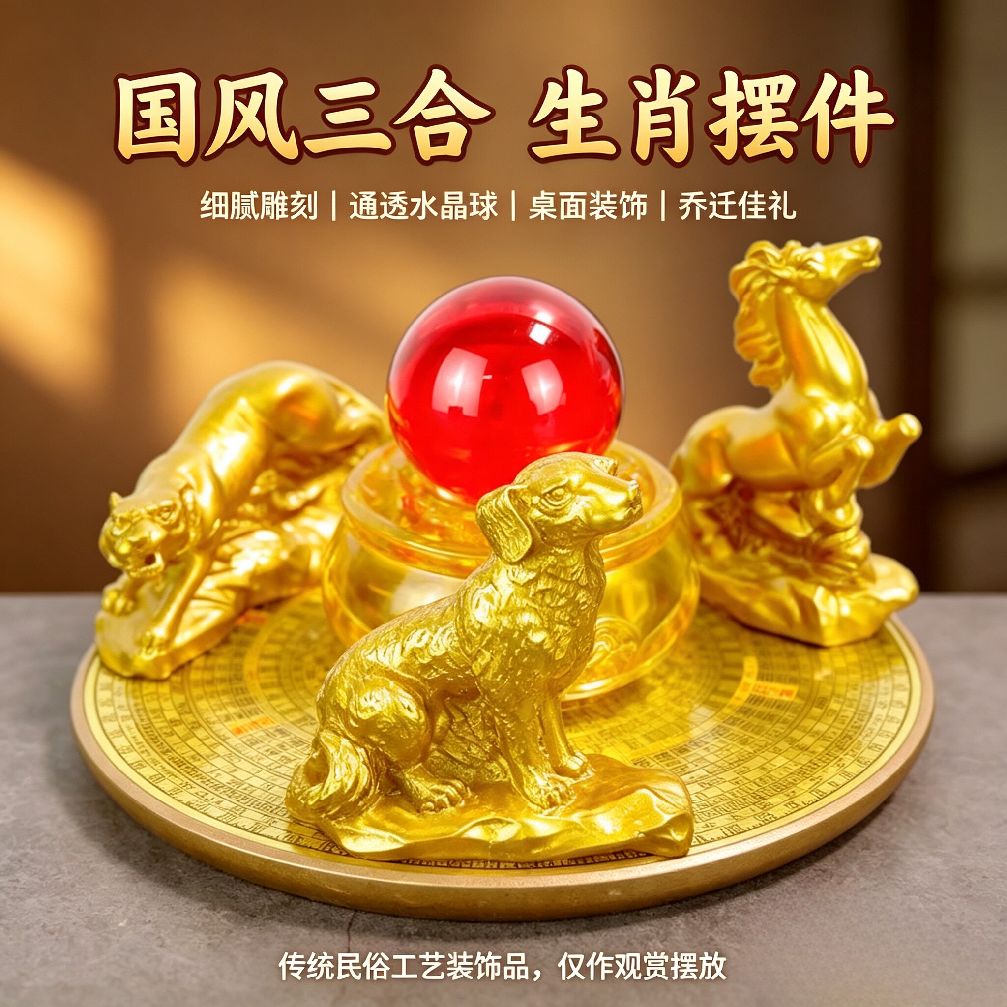 三合阵生肖摆件树脂聚财阵招三合贵人局十二生肖本命年吉祥物套装