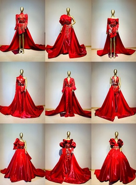 DORIS多莉丝礼服 新中式大红色修身礼服大拖尾晚宴比赛模特走秀