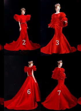 出租 舞加舞 打折 大红色羽毛 晚宴礼服  拖尾 演艺服 走秀