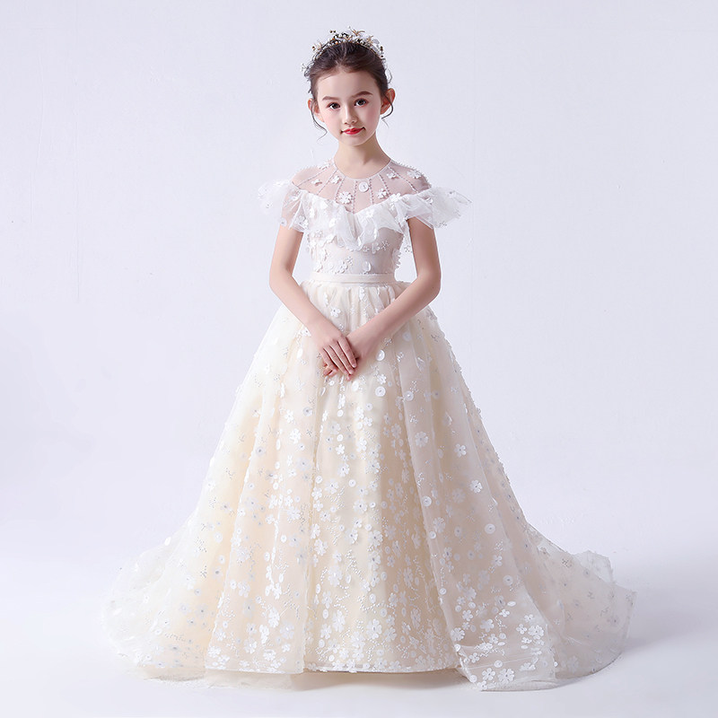 女童礼服走秀花童拖尾公主裙蓬蓬纱小主持人钢琴演出服儿童婚纱裙