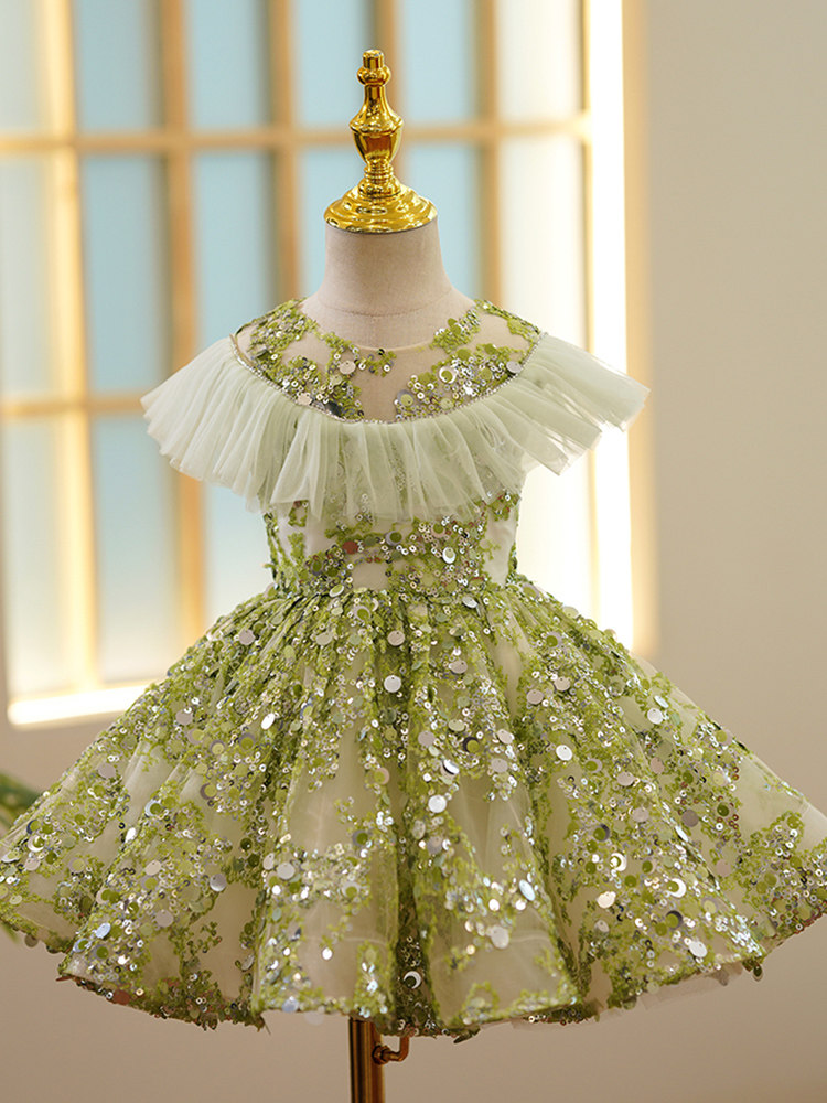 children full dress Princess Dress girl ring bearer high-end One year old birthday host piano play Performance clothing green Autumn and winter