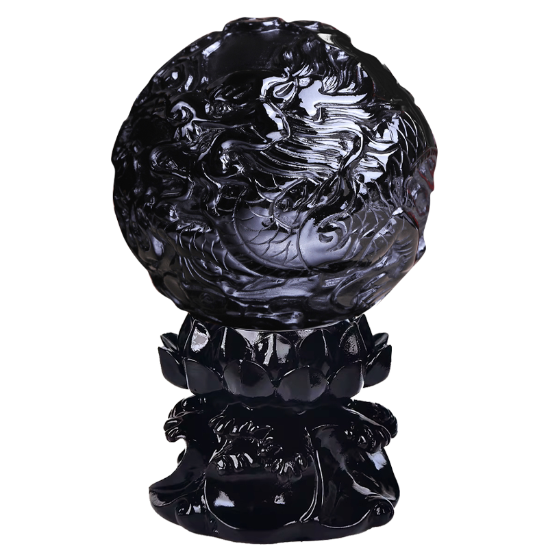 天然黑曜石龙珠球摆件水晶球摆设