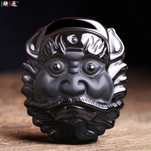 天然黑曜石钟馗头腰佩腰扣腰牌皮带扣配饰天师钟馗霸气平安牌挂件
