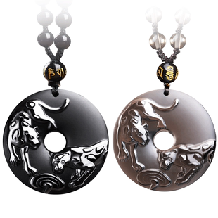 2026年天然黑曜石属虎喜柿连吉猪吊坠生肖虎开运护身符钥匙扣挂饰