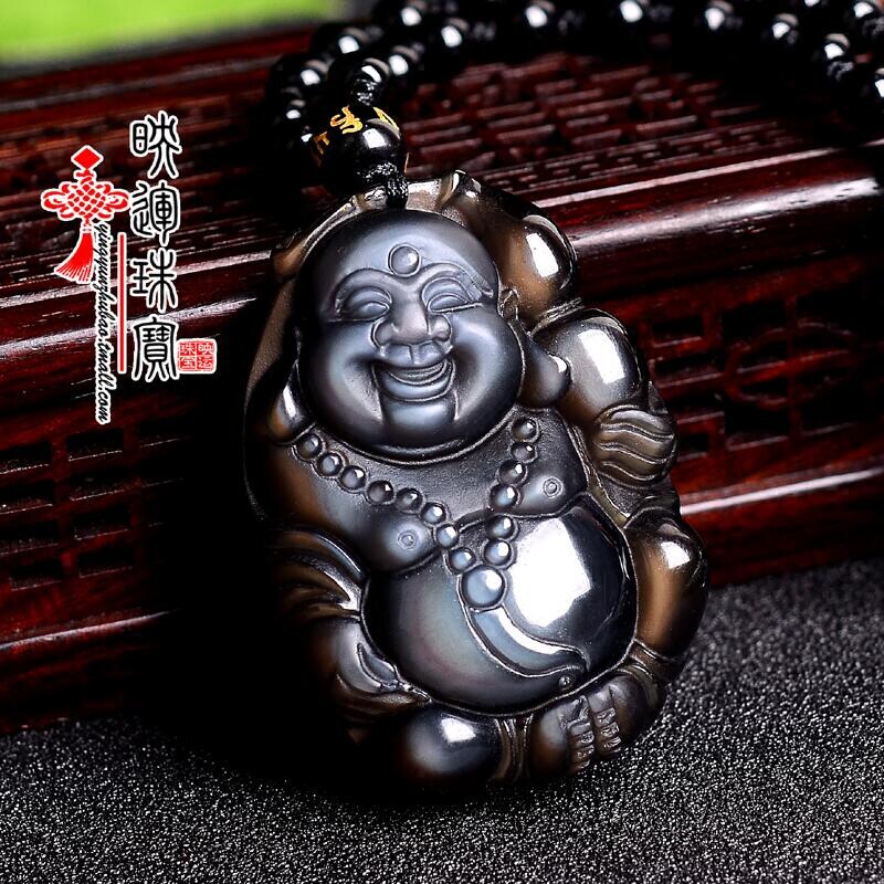 映运珠宝天然黑曜石蓝眼大肚笑佛挂件节日礼物C7笑口常开笑佛吊坠