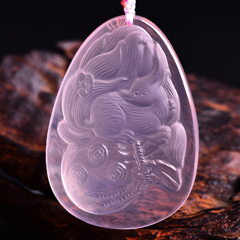 天然粉水晶狐狸吊坠天然水晶九尾狐原创饰品粉晶吊坠项坠饰品礼物