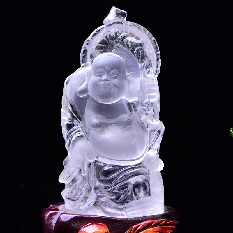 天然白水晶弥勒佛我心常乐摆件大肚佛笑面佛饰品摆件佛像摆饰