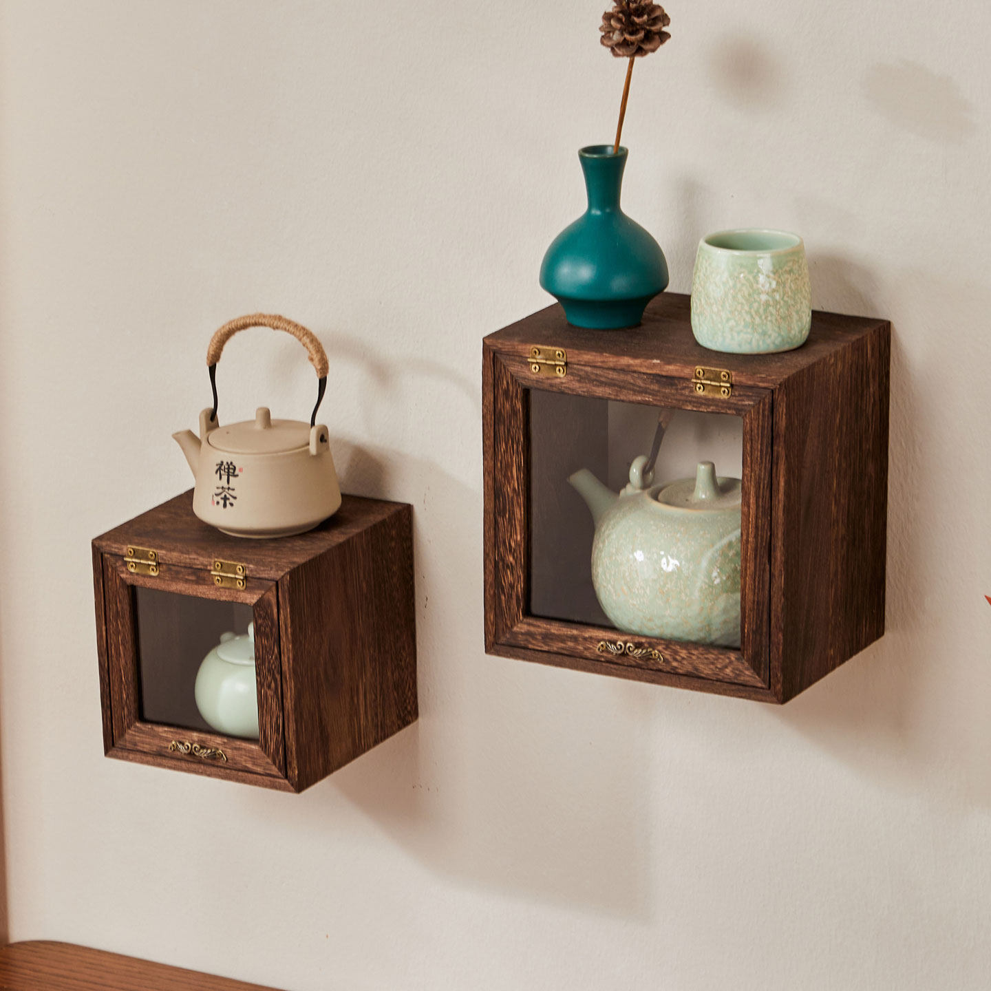 烧桐木墙上小格架实木茶杯茶具杯子墙面收纳置物架壁挂多宝阁茶盒