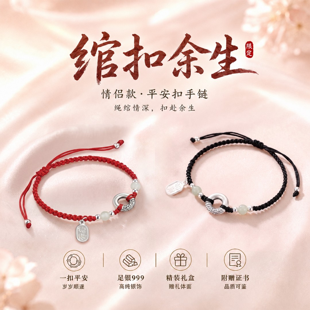 足银999情侣款平安扣手绳送女友图片