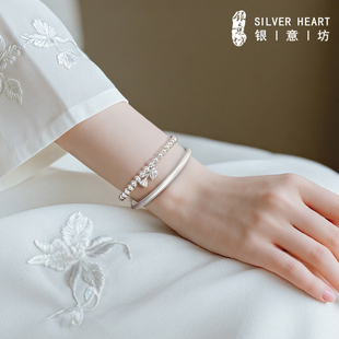 小众叠戴手镯女纯银9999古法银手镯素圈两世欢手链叠戴生日礼物女