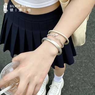 轮胎手镯女纯银9999轻奢小众精致手饰古法实心银镯子素圈叠戴手链