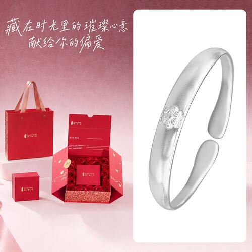 银意坊木棉花银手镯纯银9999女款2026新款爆款古法足银镯子素圈M