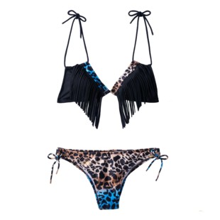 女 分体泳装 夜店风INS复古大码 黑2024流苏豹纹比基尼深V领性感时尚