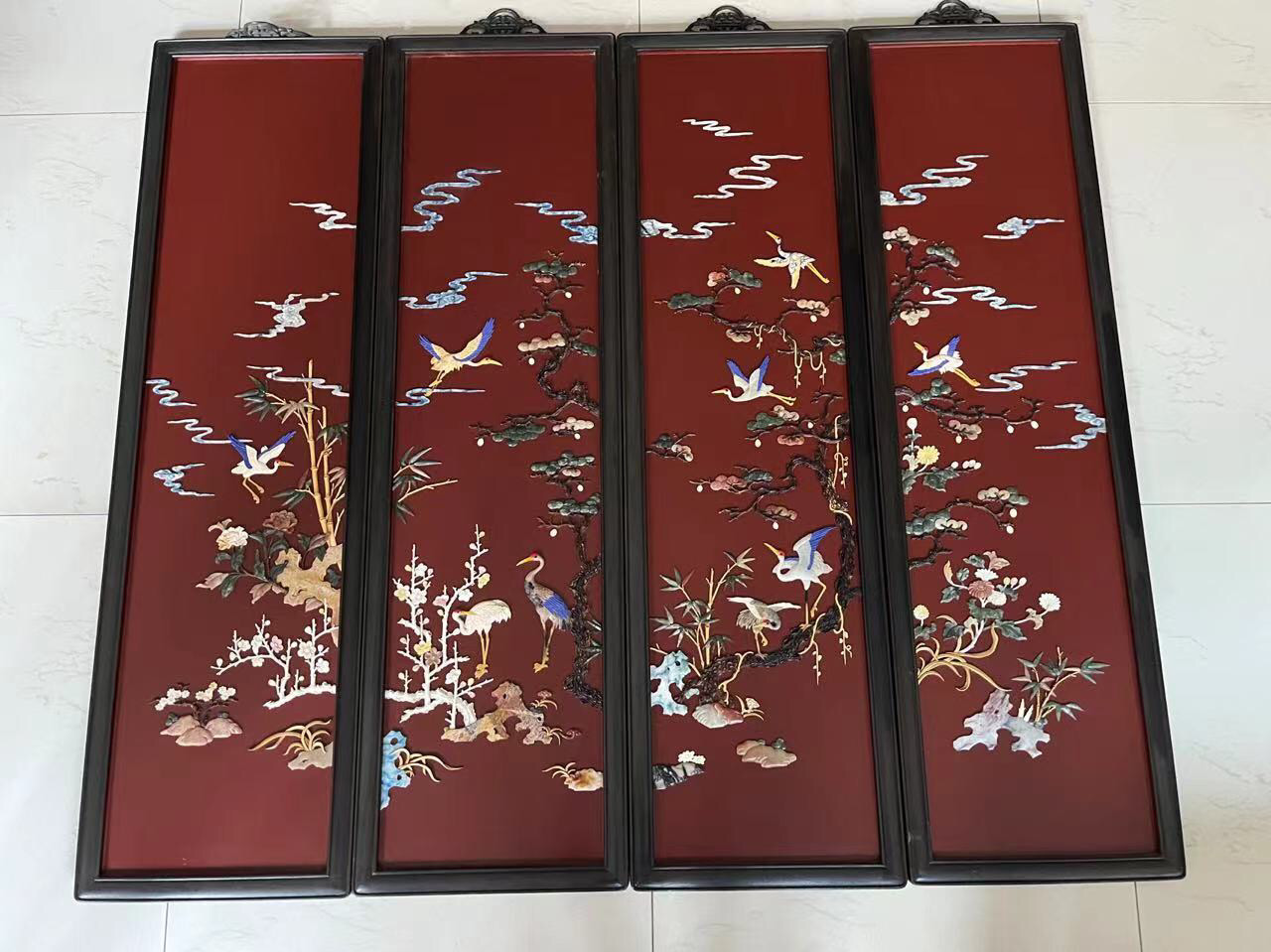 百宝嵌花鸟四条屏茶室书房厅堂办公室国风装饰家居摆件挂画仿古风