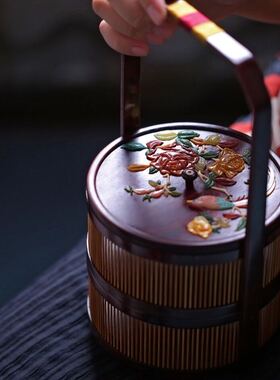 印度小叶紫檀百宝嵌圆提篮花篮文房摆设红木收纳果茶文盘茶摆件饰