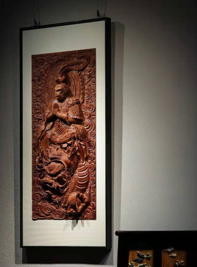 缅甸花梨浮雕大圣图挂屏茶室客厅书房中式装饰画红木复古家居饰品