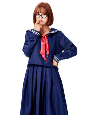 成人女款日系海军水手水兵服 深蓝色分体长袖v领日系校服带红领巾