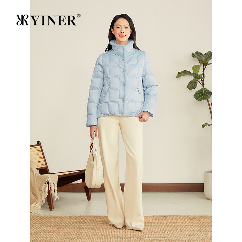 YINER音儿专选女装秋季法式柔光缎面水貂毛边立领H型羽绒服