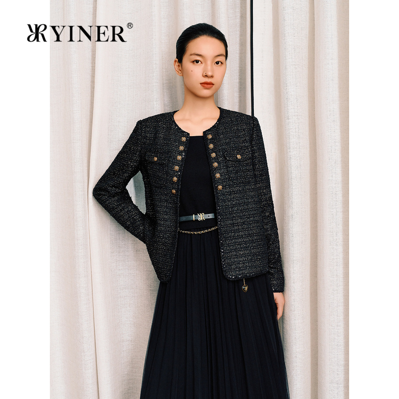 YINER音儿秋季法式小香风星光闪丝花纱优雅圆领短外套