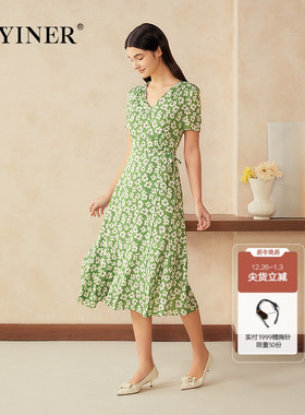 【周末花园】YINER音儿专选2025夏新款真丝百合印花茶歇裙连衣裙