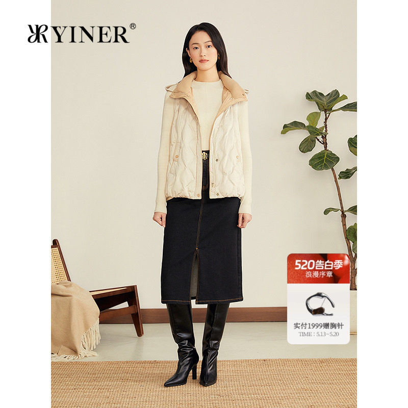 YINER音儿专选女装秋季法式可拆卸连帽小雏菊绣花羽绒马甲