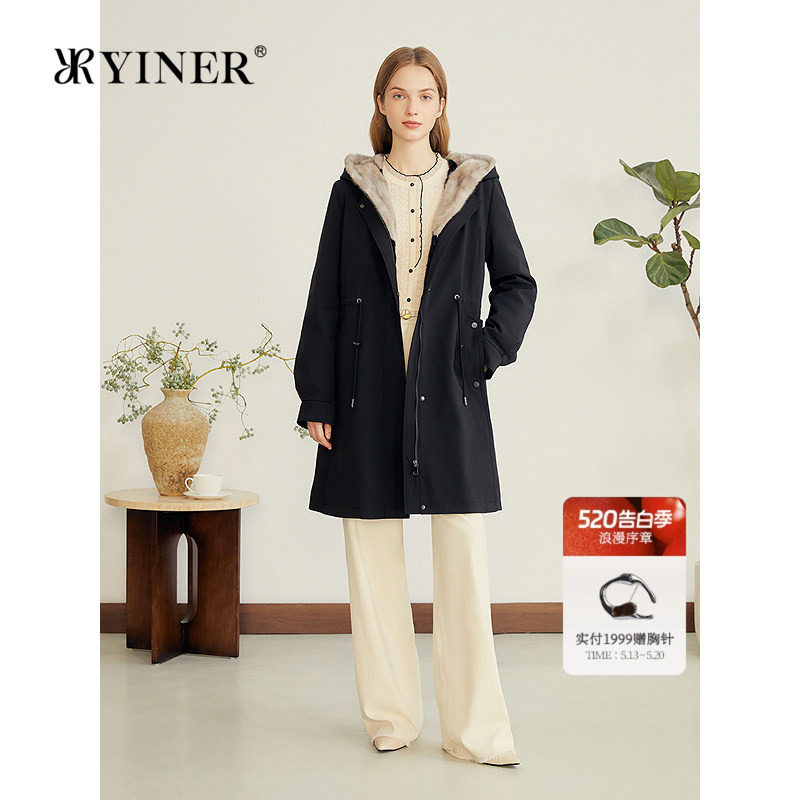 YINER音儿专选女装冬季中长款抽绳收腰水貂毛连帽派克服皮草