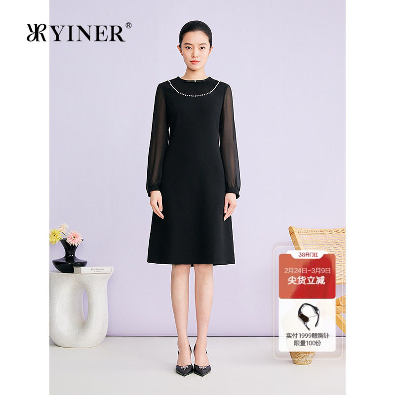 YINER音儿专选2026春季新款钉珠蝴蝶结装饰圆领醋酸混纺连衣裙 - yiner官方旗舰店出品