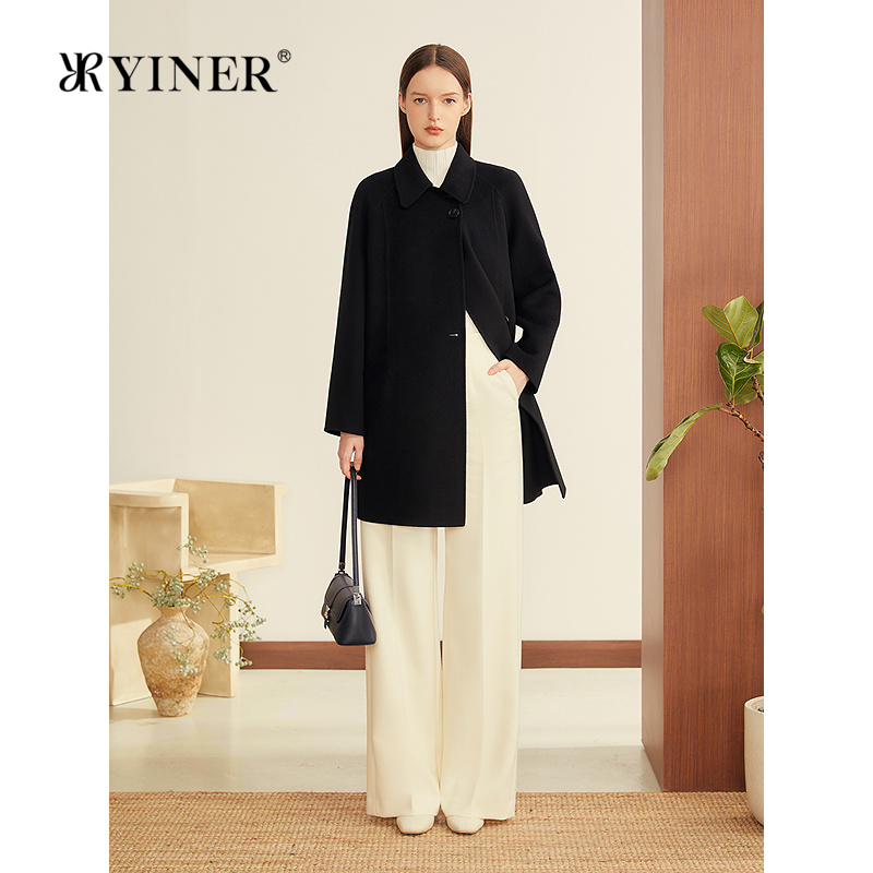 YINER音儿2025冬季新款法式智感羊毛混纺A型翻领中长款双面呢大衣