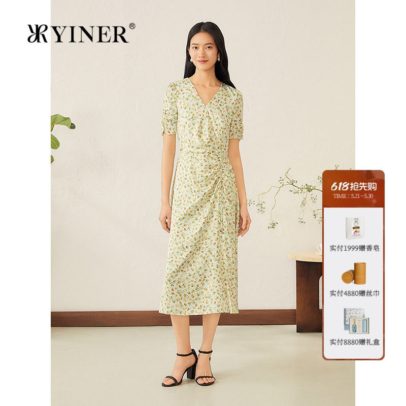 YINER音儿专选女装夏季波西米亚风茶歇裙V领果实印花连衣裙