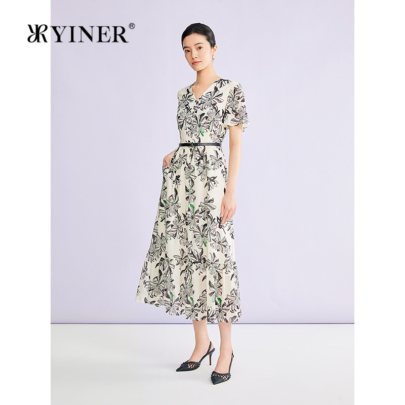 YINER音儿2026夏季新款优雅V领艺术印花桑蚕丝收腰荷叶袖连