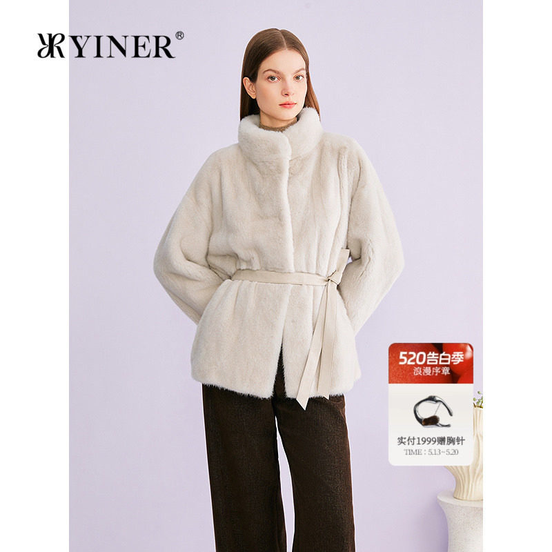 YINER音儿专选2026春季新款优雅立领进口天鹅绒水貂毛皮草外
