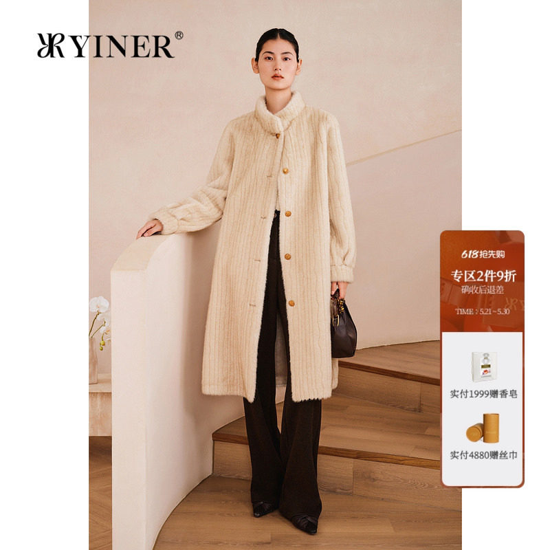 YINER音儿专选女装春季新中式保暖立领长款环保仿皮草外套