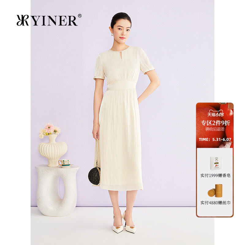 YINER音儿专选2026夏季新款优雅钉珠圆领海岛丝高腰收褶连衣裙